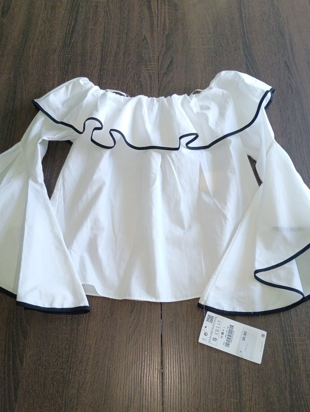 NWT Zara Womens Small White Off the Shoulder Top Bell Sleeves Black Trim